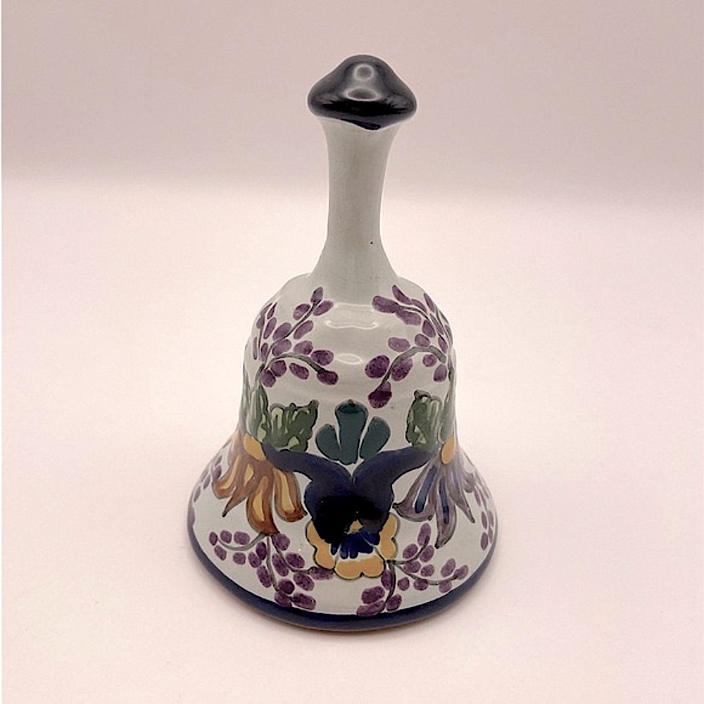 Mexican Pottery, signed, handmade, painted floral design, ceramic pottery bell